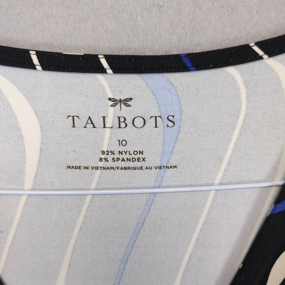 Vtg Talbots Sz 10 Black Whimsical Waves Career Wrap V Midi Dress, Stretch Belted - Picture 2 of 6